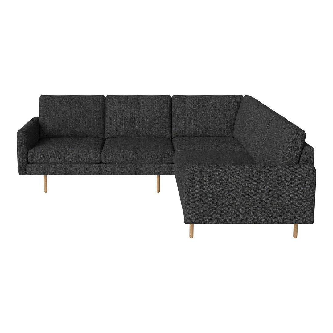 "Modern dark gray sectional sofa with clean lines and natural wood legs, featuring a textured fabric."