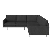 "Modern L-shaped sectional sofa in dark gray fabric with a clean, minimalist design and sleek black legs."