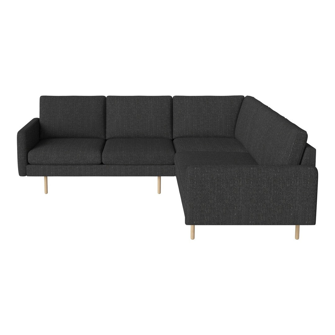 Modern L-shaped sofa in dark grey fabric with clean lines and tapered wooden legs, perfect for contemporary spaces.