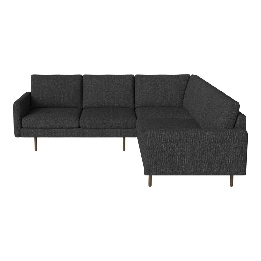 Modern L-shaped sectional sofa in charcoal gray with a textured fabric finish and wooden legs.