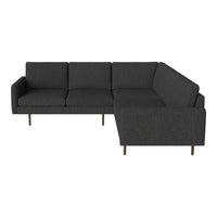 Modern L-shaped sectional sofa in charcoal gray with a textured fabric finish and wooden legs.