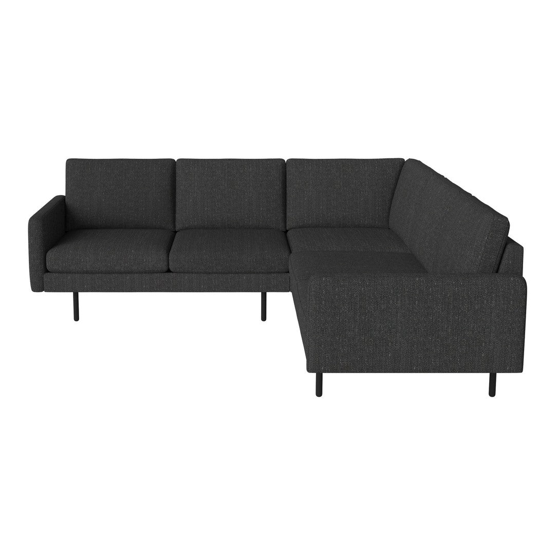 Modern L-shaped sofa in dark charcoal gray fabric, featuring a sleek, minimalist design with no patterns.