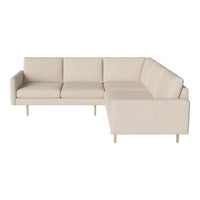 Light beige sectional sofa with a textured fabric and minimalist design, featuring simple clean lines and golden legs.