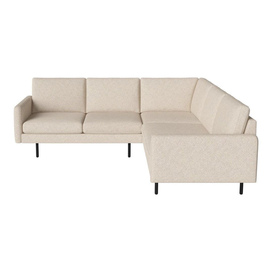 Beige sectional sofa with a textured fabric and minimalist design, featuring simple, clean lines and black metal legs.