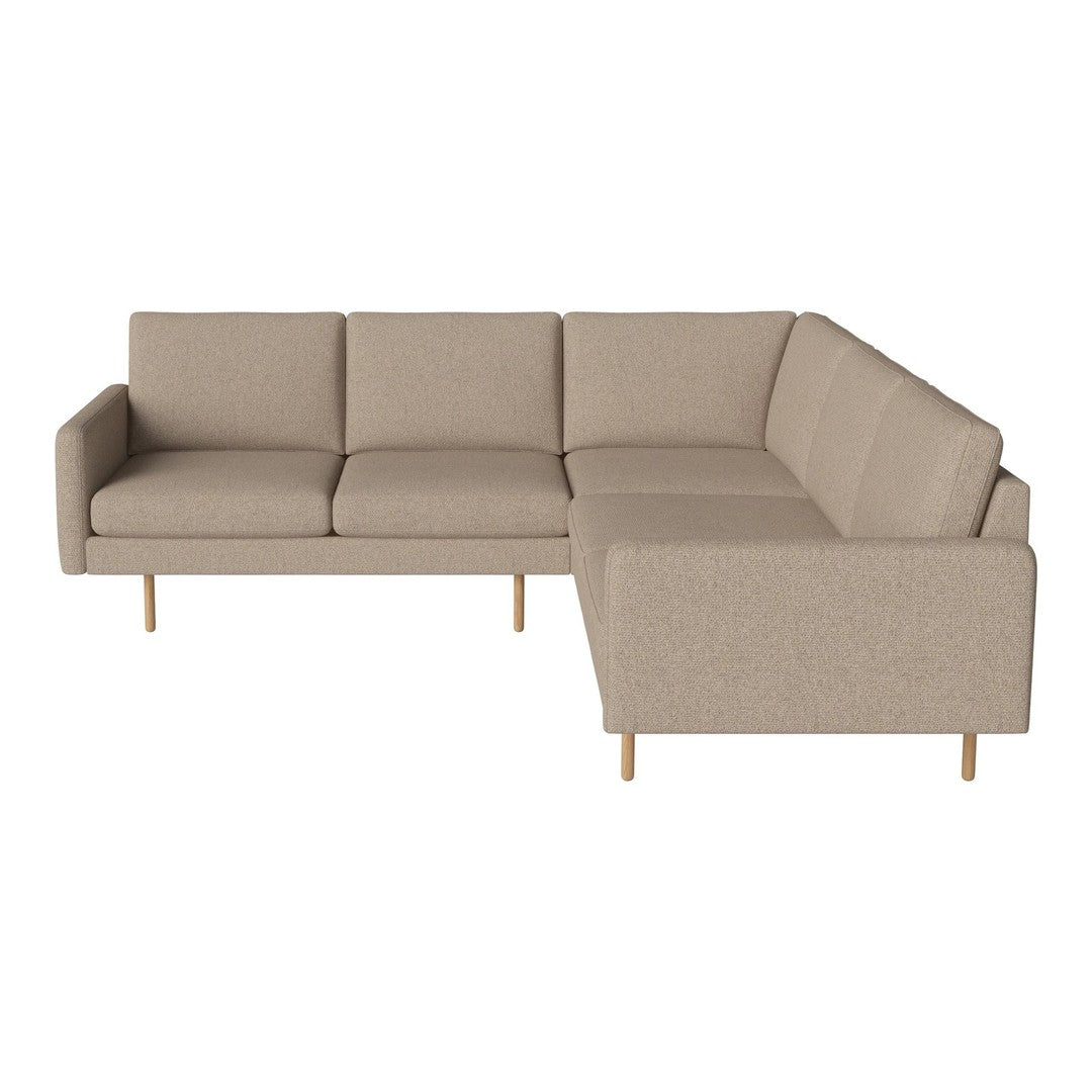 Beige sectional sofa with clean lines and textured fabric, featuring light wood legs for a modern look.