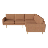 L-shaped sofa in warm brown fabric with a smooth texture and minimalist design, featuring light wood legs.