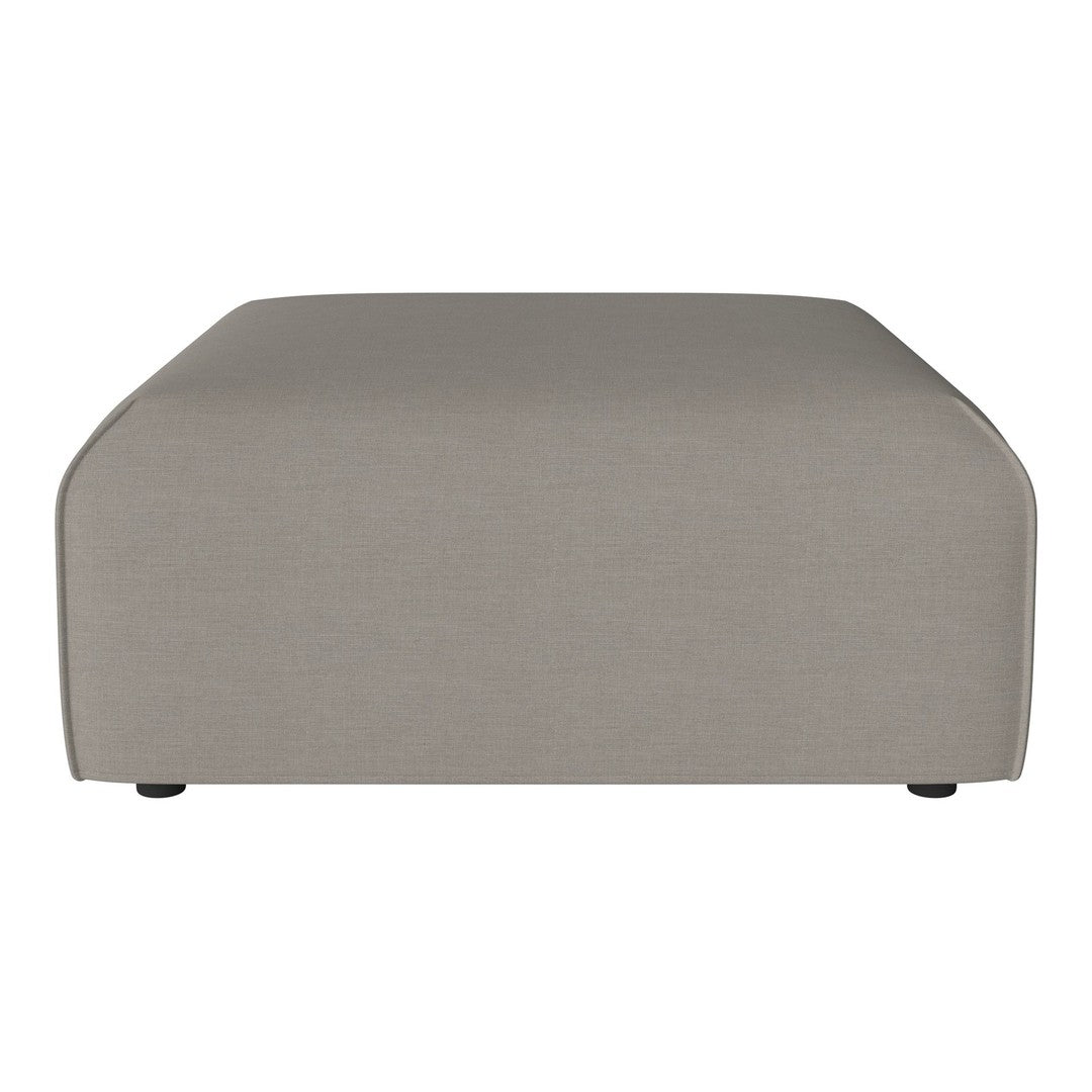 Taupe upholstered ottoman with a smooth texture and rounded edges, perfect for modern decor.