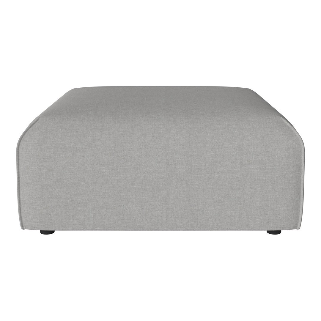 Light gray upholstered ottoman with a smooth, minimalist design and rounded corners, perfect for modern decor.