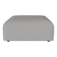 Light gray upholstered ottoman with a smooth, minimalist design and rounded corners, perfect for modern decor.