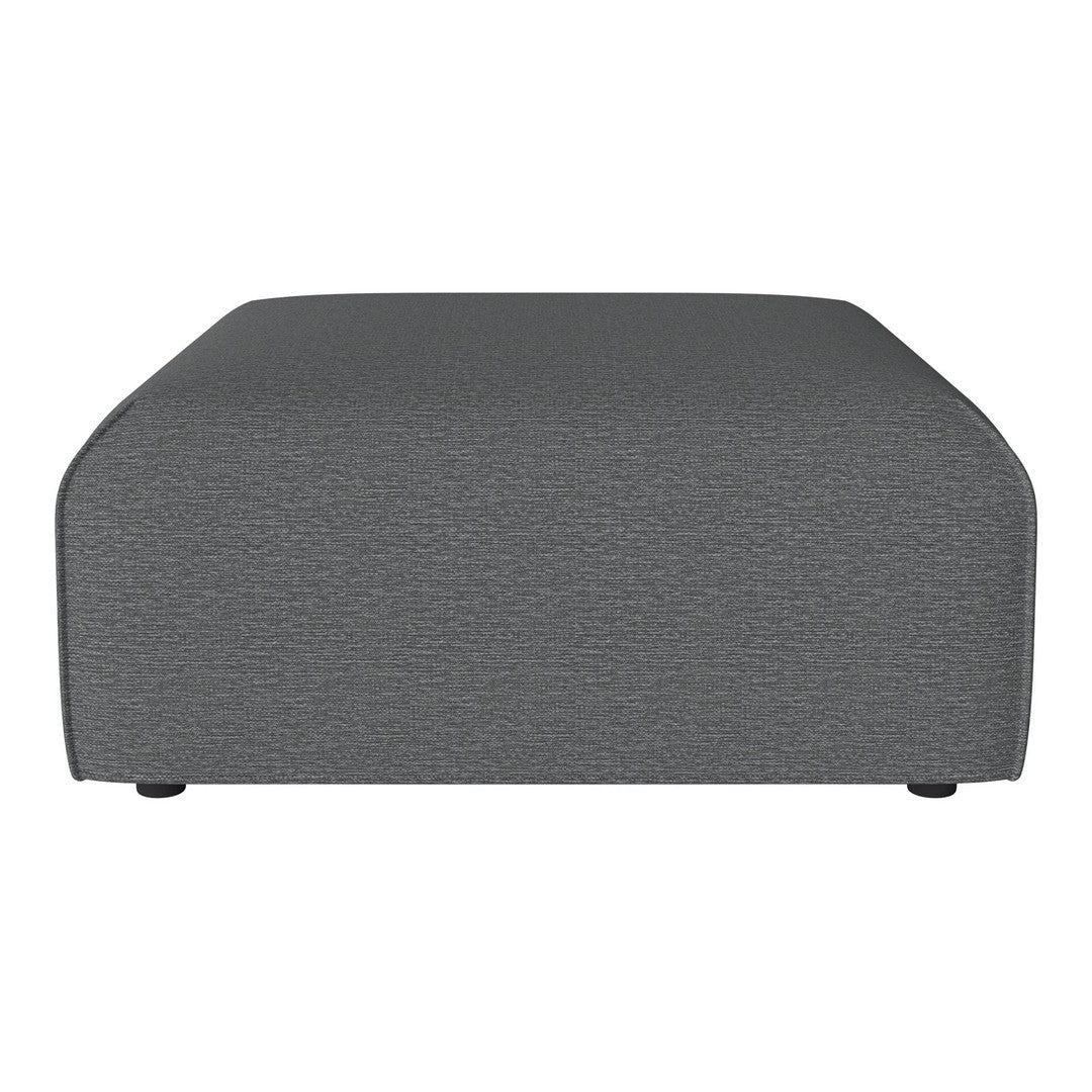 Gray upholstered ottoman with a textured fabric finish, featuring a modern, minimalist design.