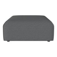 Gray upholstered ottoman with a textured fabric finish, featuring a modern, minimalist design.