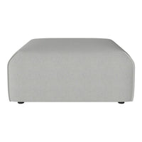 Light gray, textured fabric ottoman with soft, rounded edges; minimalistic design suitable for modern decor.