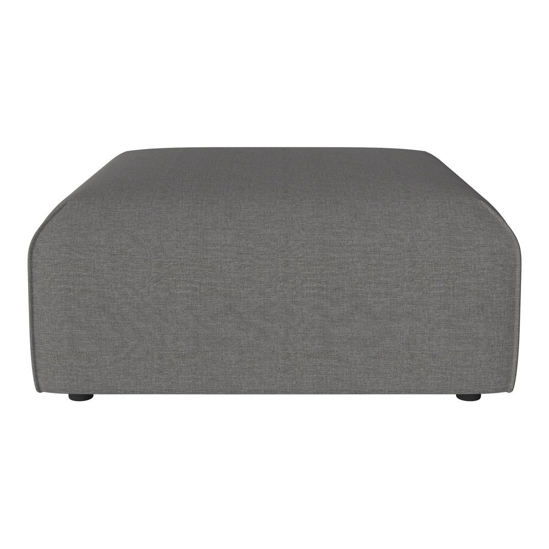 Gray upholstered ottoman with a smooth, textured finish and curved edges for a modern aesthetic.
