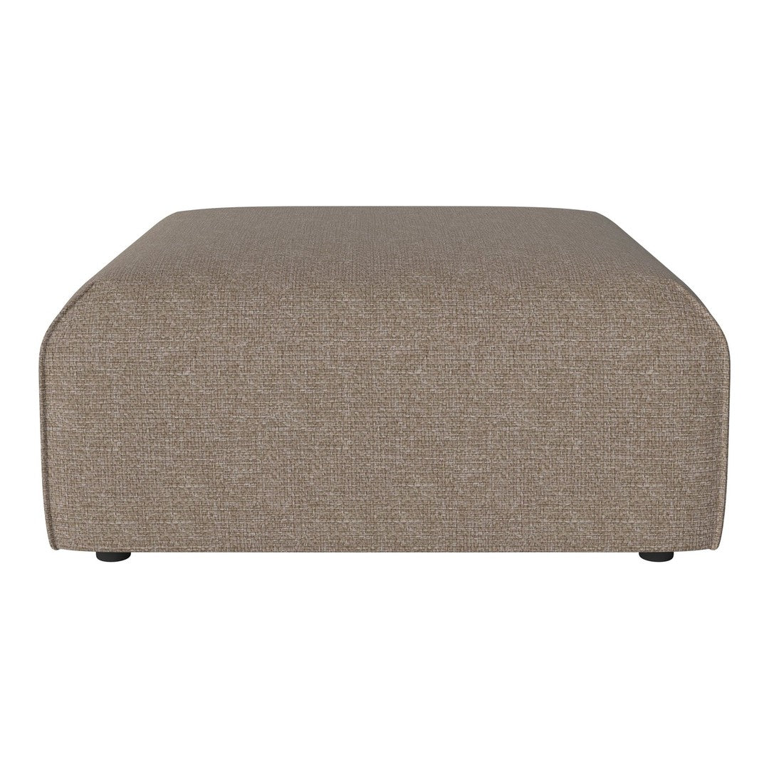 Neutral taupe ottoman with a textured, woven fabric pattern, ideal for modern and minimalist decor.