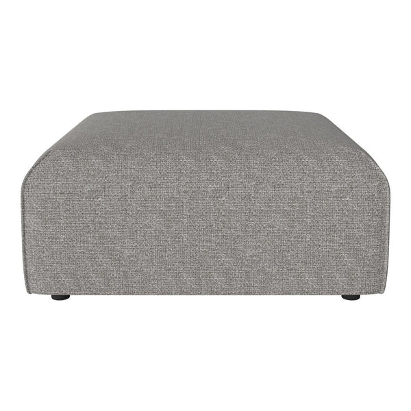 Gray upholstered ottoman with a textured fabric and seamless, modern design. Perfect for contemporary decor.