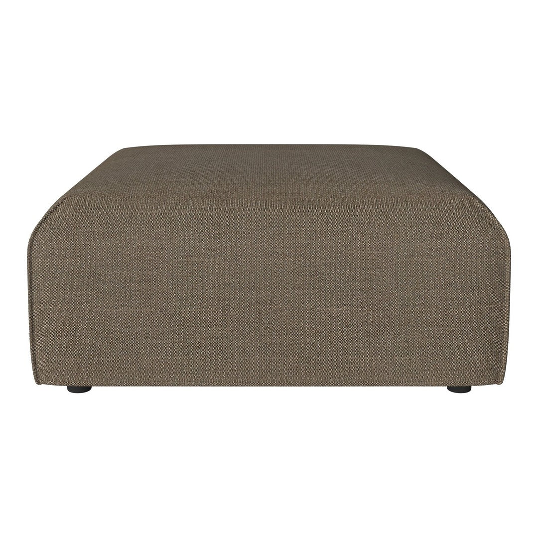 Neutral brown ottoman with a textured fabric finish, perfect for modern decor.