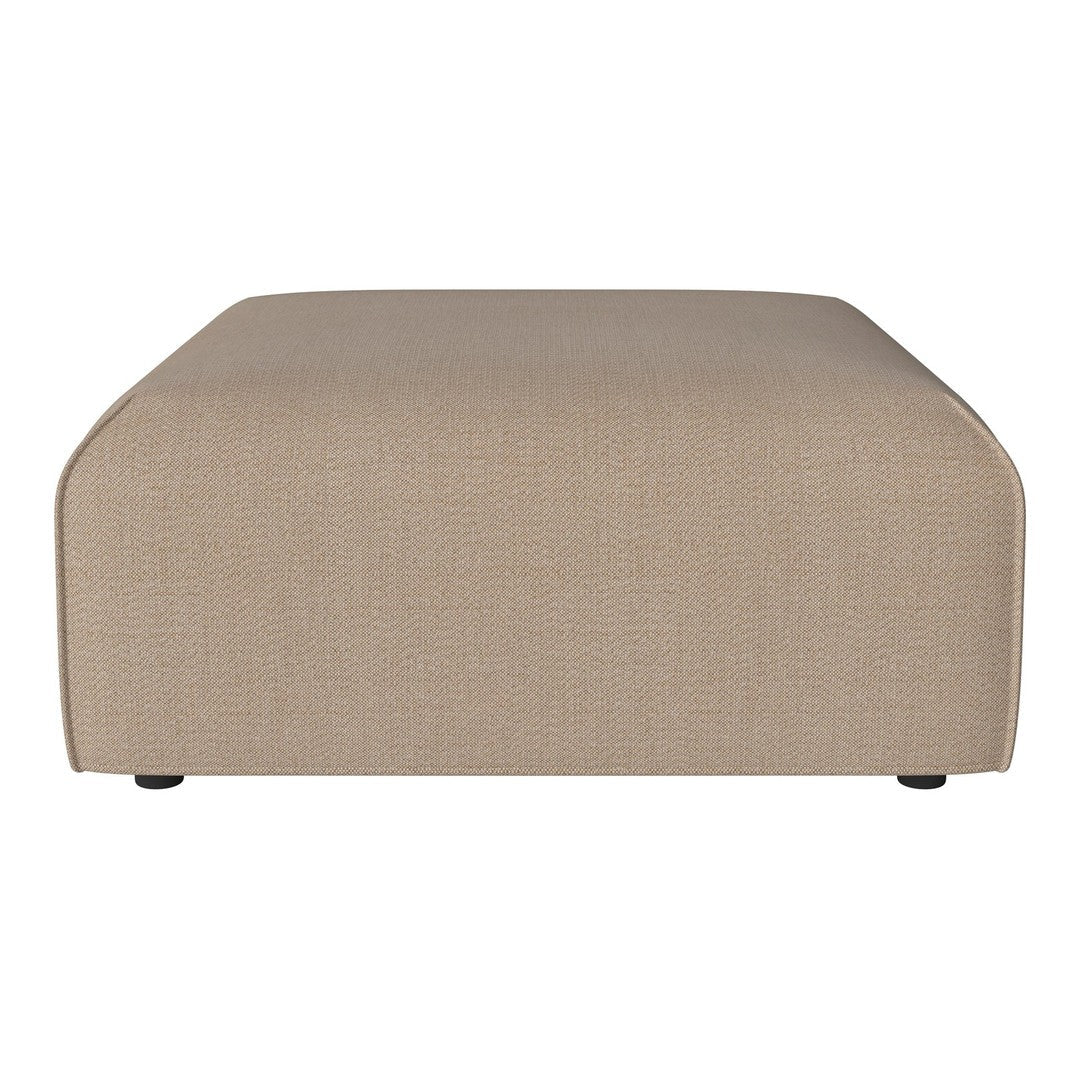 Beige upholstered ottoman with a smooth, minimalist design and rounded edges, ideal for modern interiors.