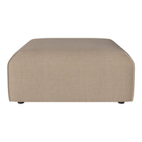 Beige upholstered ottoman with a smooth, minimalist design and rounded edges, ideal for modern interiors.