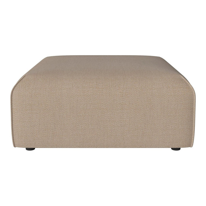 Beige upholstered ottoman with a smooth, minimalist design and rounded edges, ideal for modern interiors.