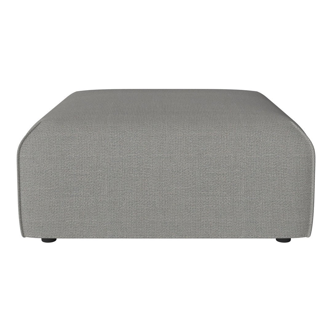 Gray upholstered ottoman with a smooth, modern design and subtle texture. Perfect for any contemporary decor.