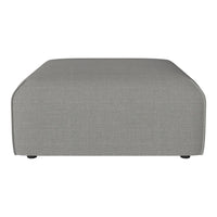 Gray upholstered ottoman with a smooth, modern design and subtle texture. Perfect for any contemporary decor.
