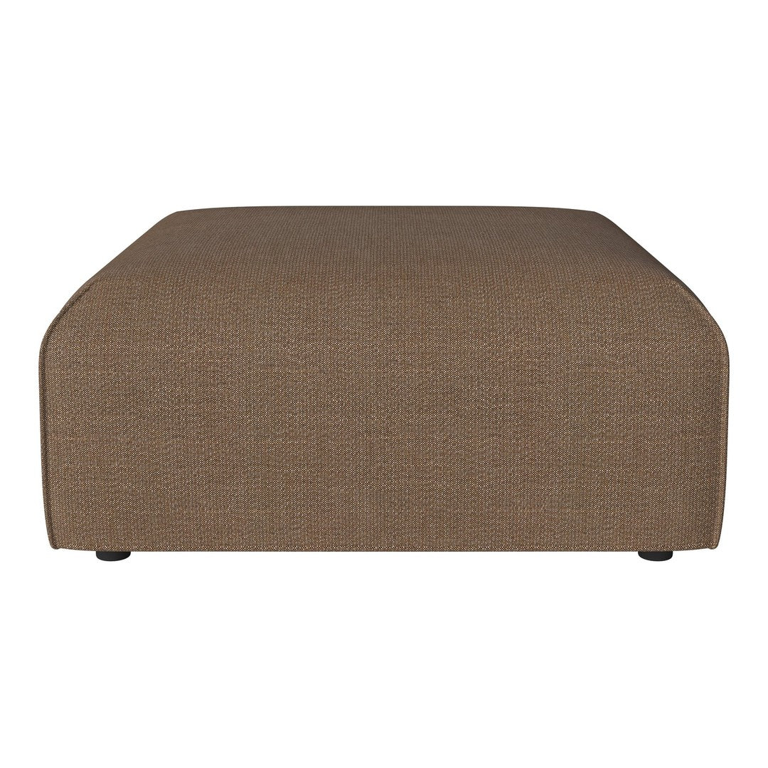 "Solid brown upholstered ottoman with a textured fabric and smooth, rounded edges."