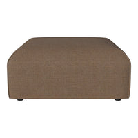 "Solid brown upholstered ottoman with a textured fabric and smooth, rounded edges."