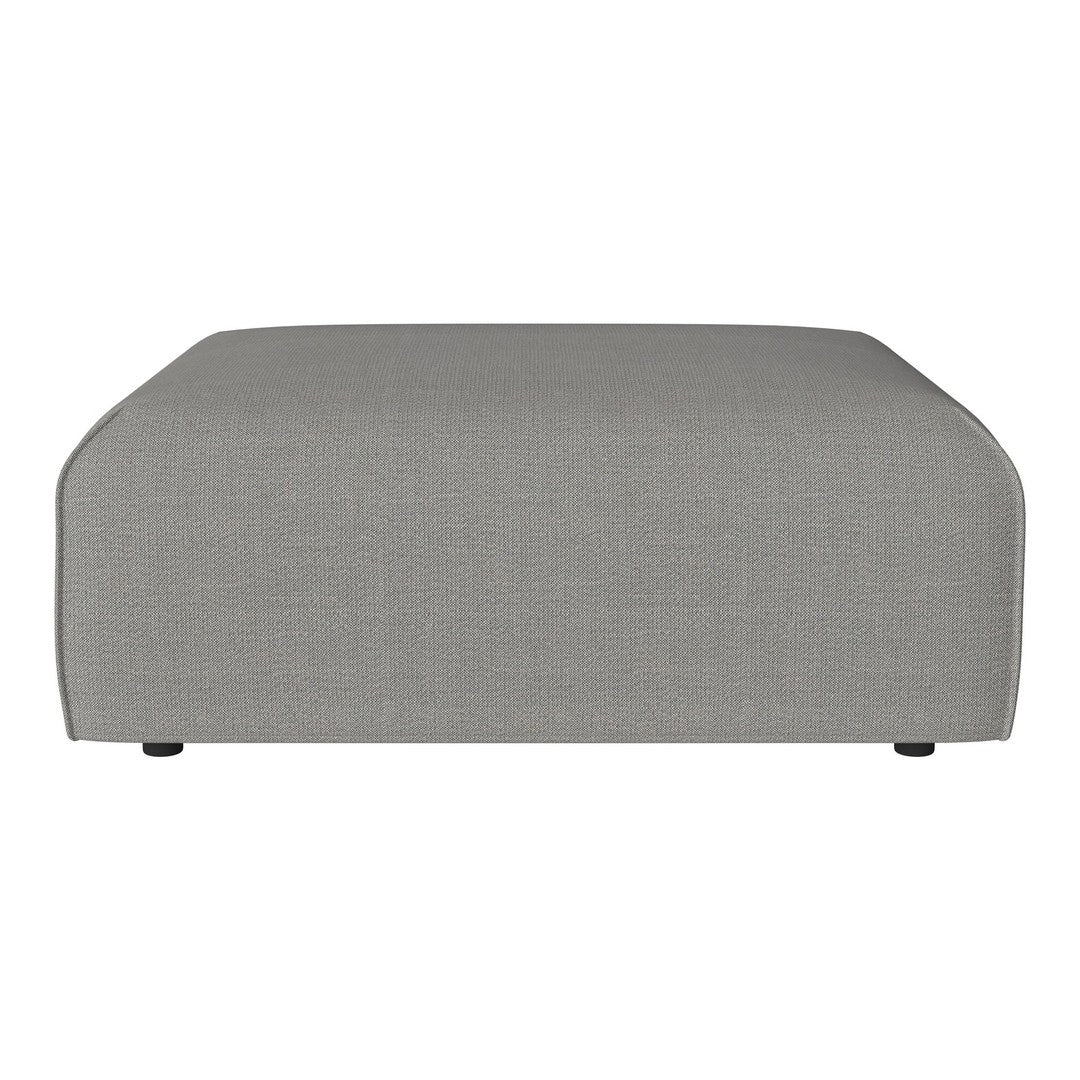 Gray ottoman with a smooth, textured fabric and contemporary, minimalist design. Ideal for modern decor.