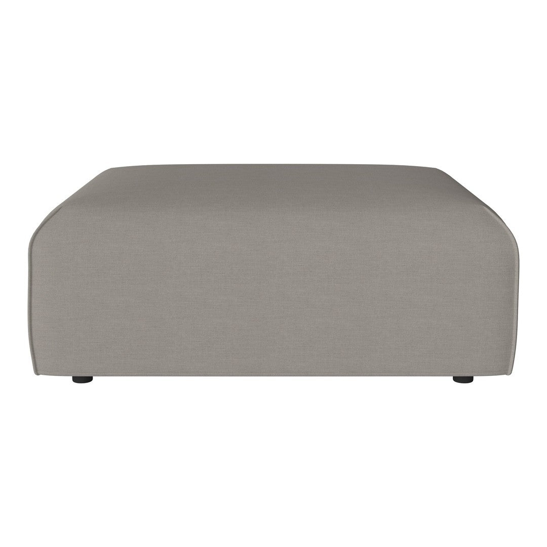 Modern gray upholstered ottoman with a sleek, minimalist design, featuring a smooth fabric texture and rounded edges.