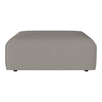 Modern gray upholstered ottoman with a sleek, minimalist design, featuring a smooth fabric texture and rounded edges.
