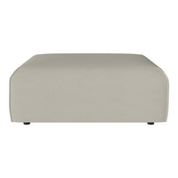 Beige upholstered ottoman with a smooth, minimalist design and rounded edges. Perfect for modern decor.