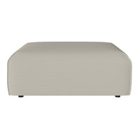 Beige upholstered ottoman with smooth, minimalist design and subtle texture. Perfect for modern decor.