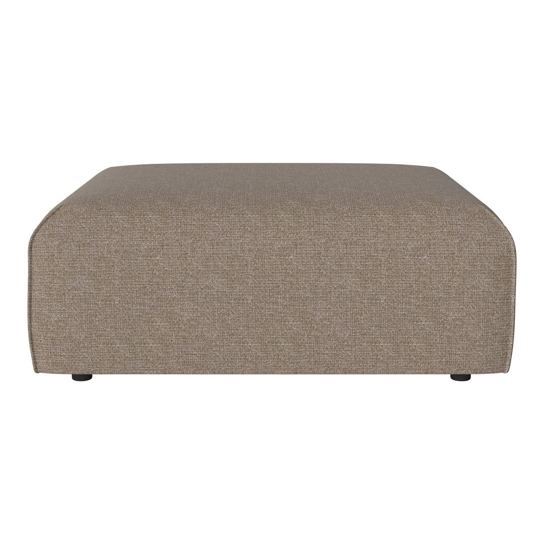 Beige upholstered ottoman with a smooth, textured surface and rounded edges, perfect for modern decor.