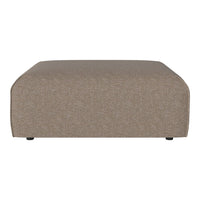 Beige upholstered ottoman with a smooth, textured surface and rounded edges, perfect for modern decor.