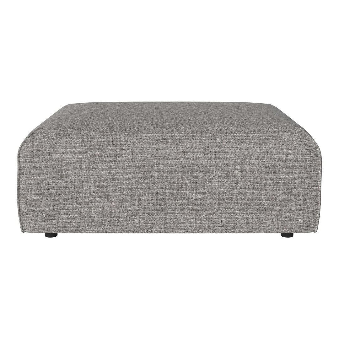 Gray upholstered ottoman with a subtle textured pattern, featuring round edges and a modern design.