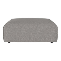 Gray upholstered ottoman with a subtle textured pattern, featuring round edges and a modern design.