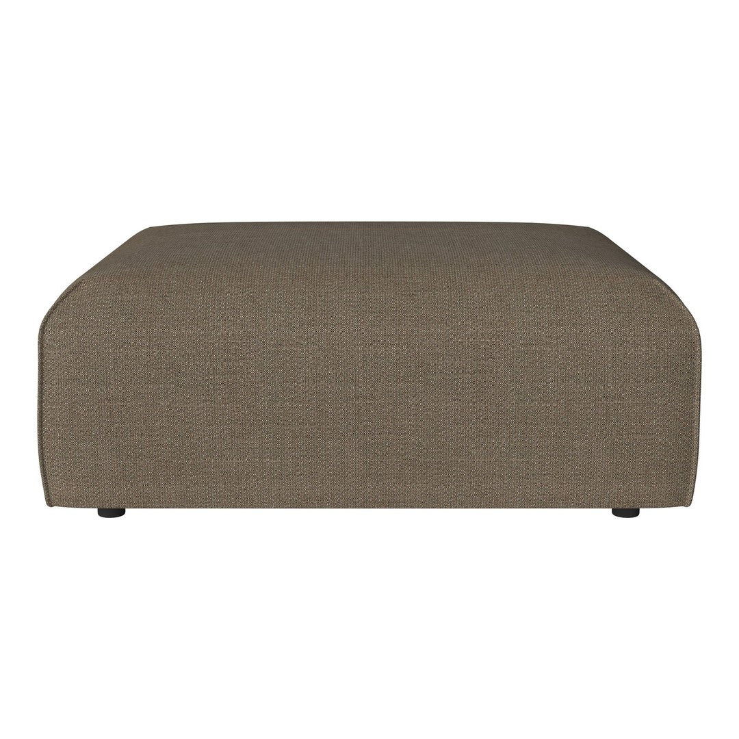 Brown upholstered ottoman with a smooth texture and rounded edges, perfect for modern decor.