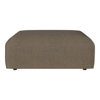 Brown upholstered ottoman with a smooth texture and rounded edges, perfect for modern decor.