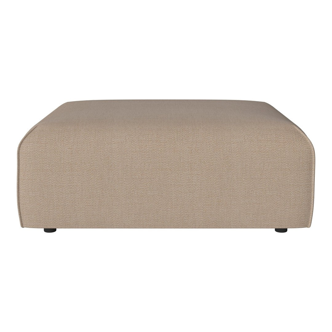 Beige upholstered ottoman with a smooth texture and rounded edges. Minimalist design for any decor style.