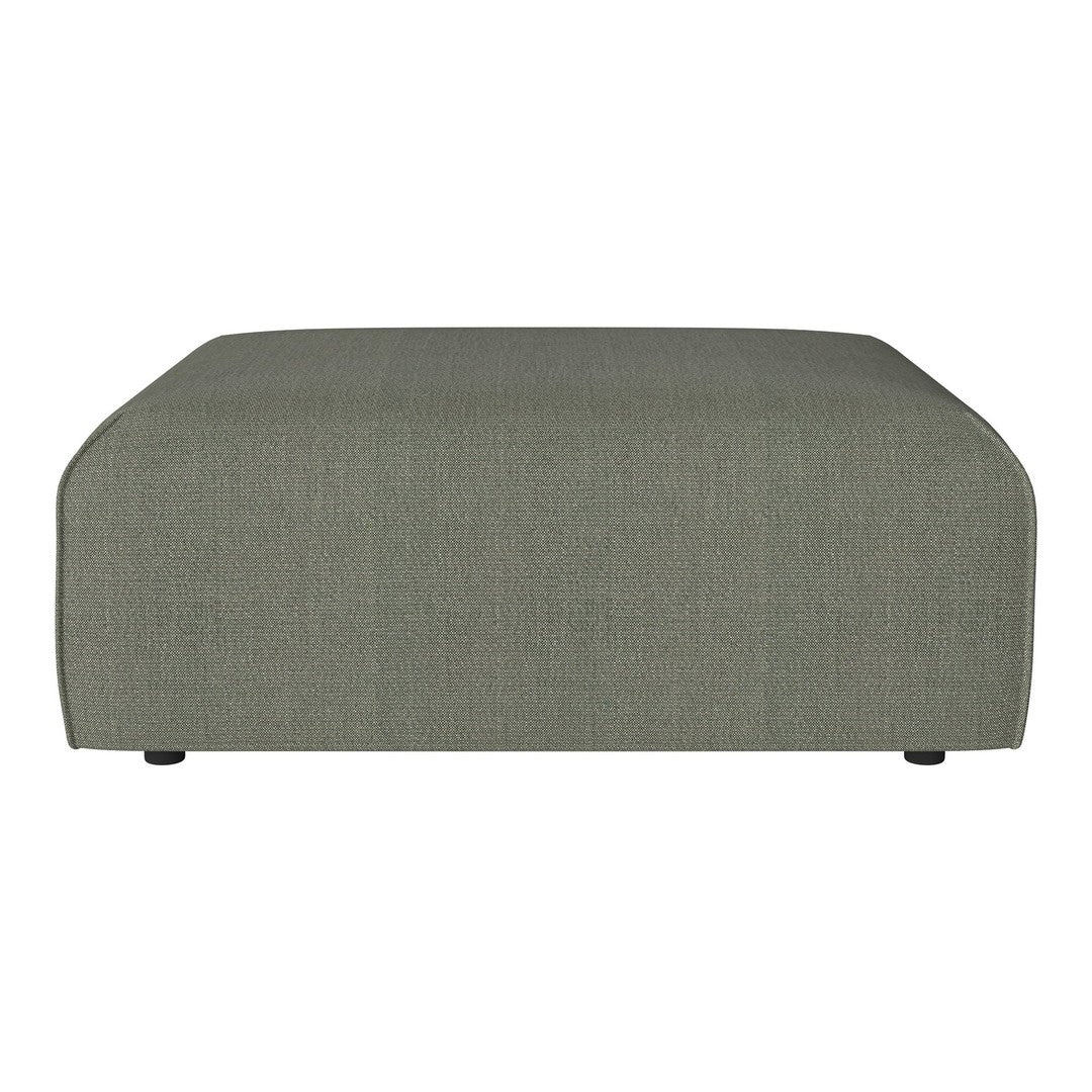 Light olive green rectangular ottoman with a soft, textured fabric finish, perfect for modern decor.