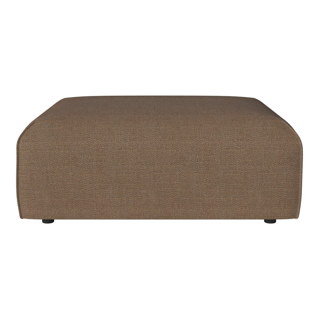Brown upholstered ottoman with a smooth, minimalist design and rounded edges, perfect for modern decor.
