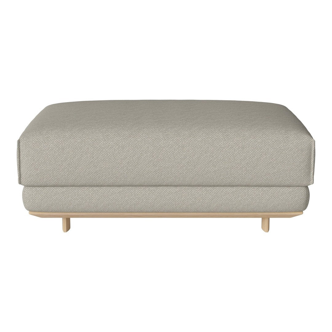 Light gray upholstered ottoman with a textured pattern and wooden legs, perfect for modern decor.