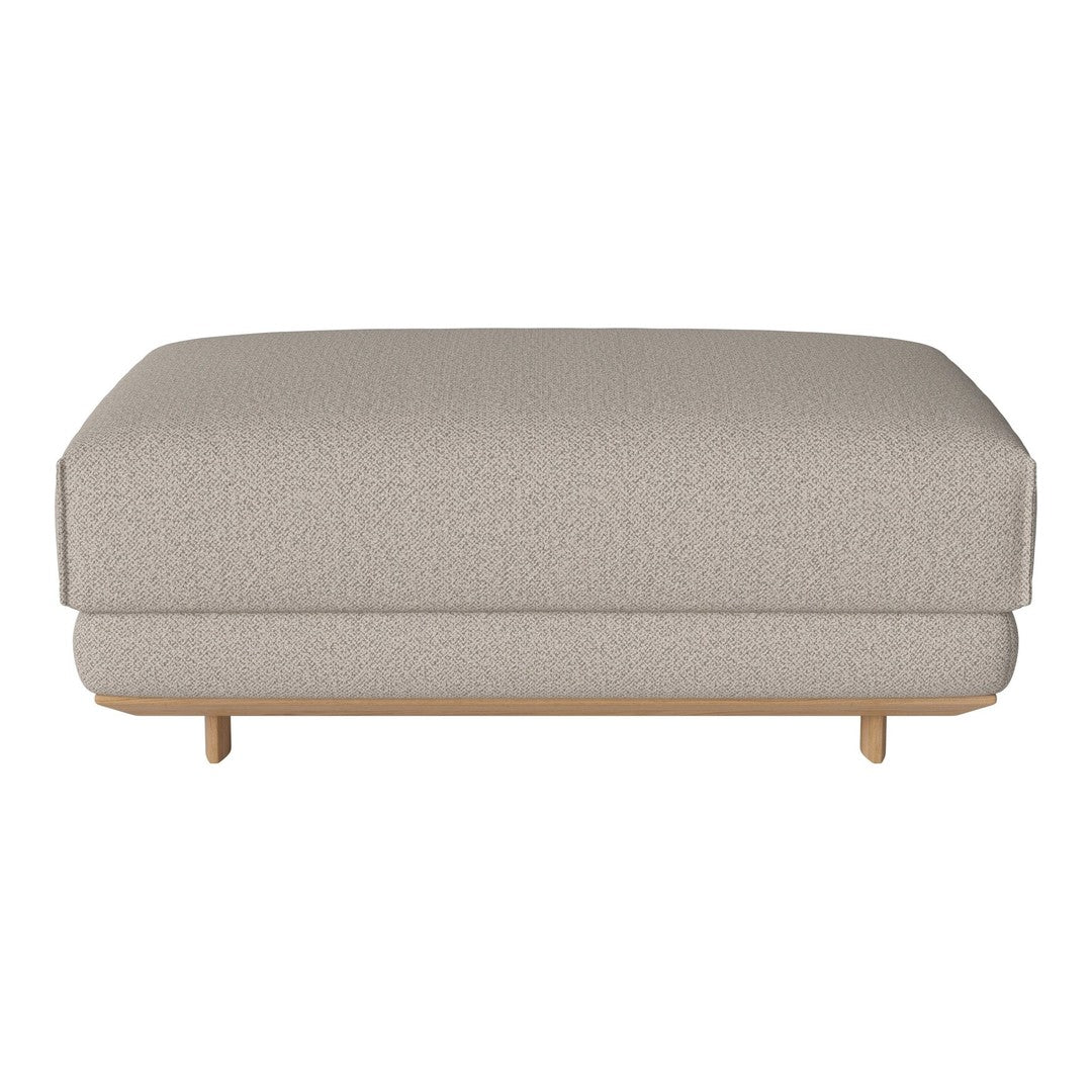Light gray textured ottoman with a minimalist design and natural wooden legs. Perfect for modern decor.