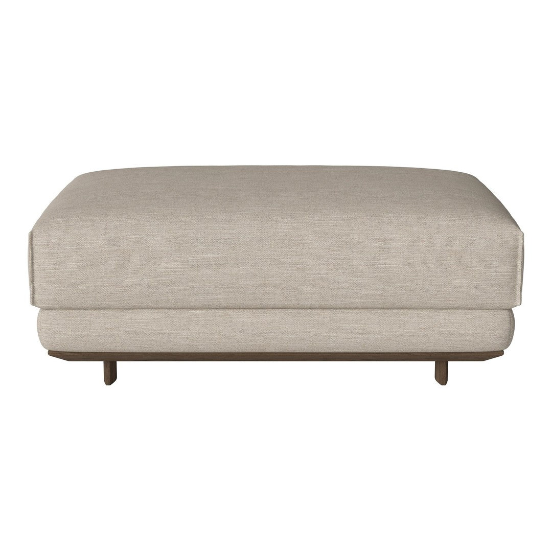 Beige upholstered ottoman with a smooth, solid texture and sleek wooden legs. Perfect for modern decor.