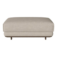Beige upholstered ottoman with a smooth, solid texture and sleek wooden legs. Perfect for modern decor.
