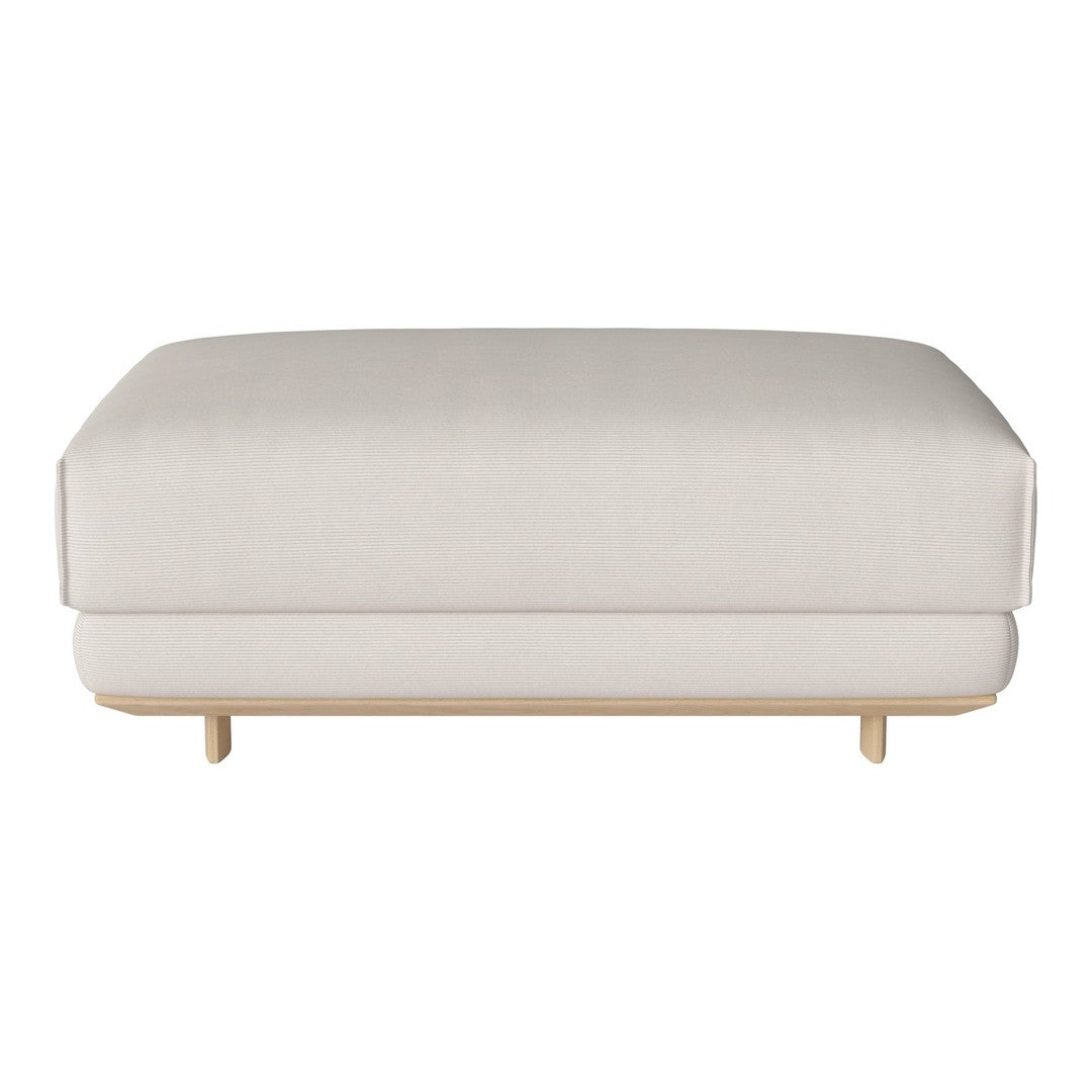 Light beige upholstered ottoman with a smooth, minimalist design and natural wood legs.