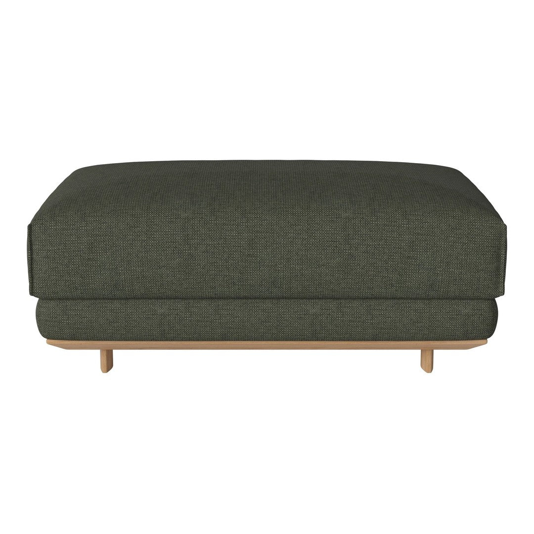 Dark green upholstered ottoman with subtle textured pattern, featuring natural wooden legs. Perfect for modern decor.
