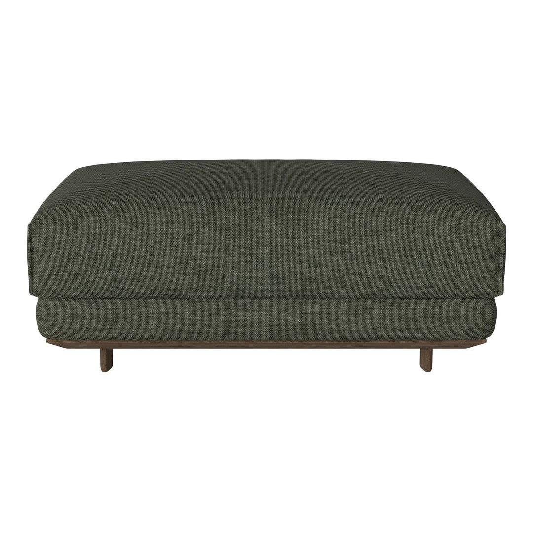 Green textured ottoman with a subtle pattern and wooden legs, perfect for modern living spaces.