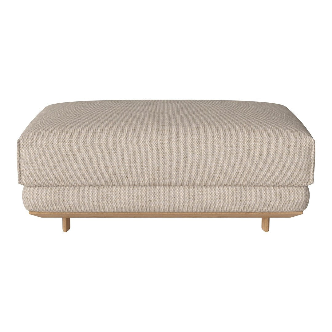 Beige upholstered ottoman with a textured fabric and light wooden legs, featuring a minimalist design.