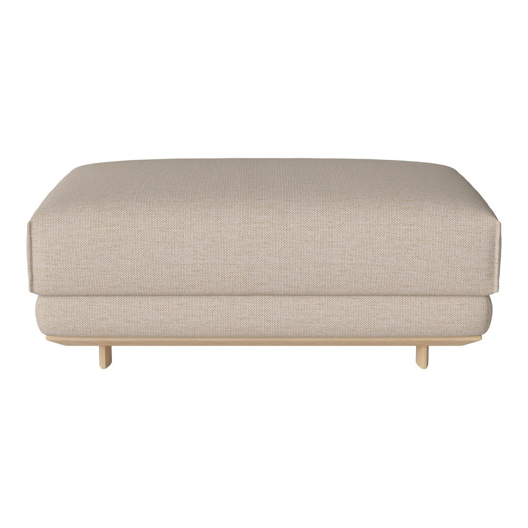 Light beige upholstered ottoman with a smooth texture and minimalist design on wooden legs. Ideal for versatile decor.